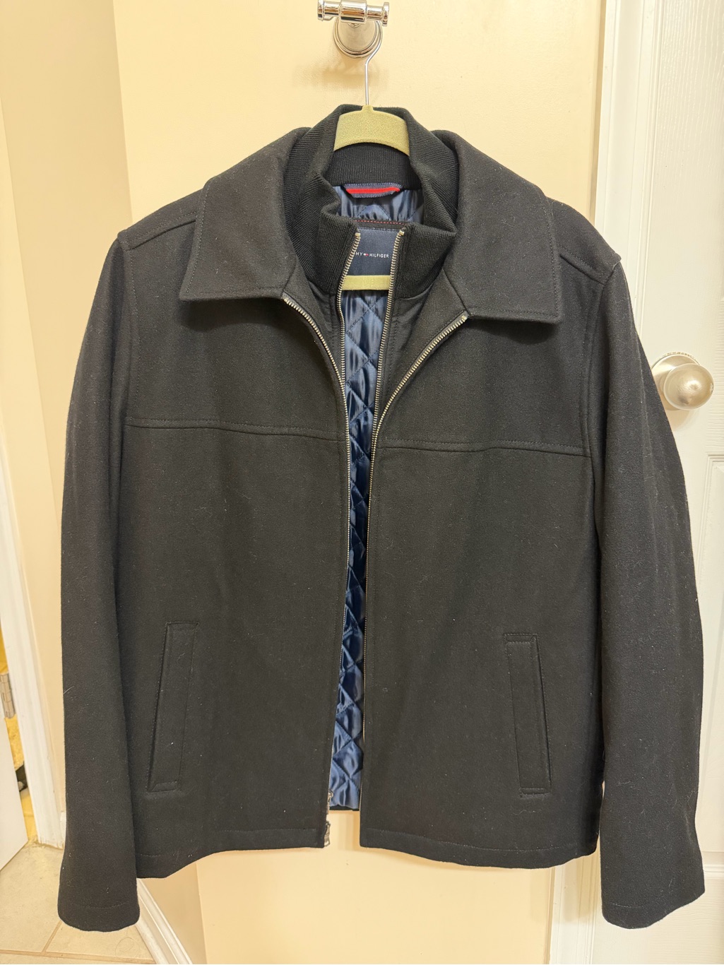 Tommy Hilfiger Black Wool Pea Coat With Navy Quilted Lining